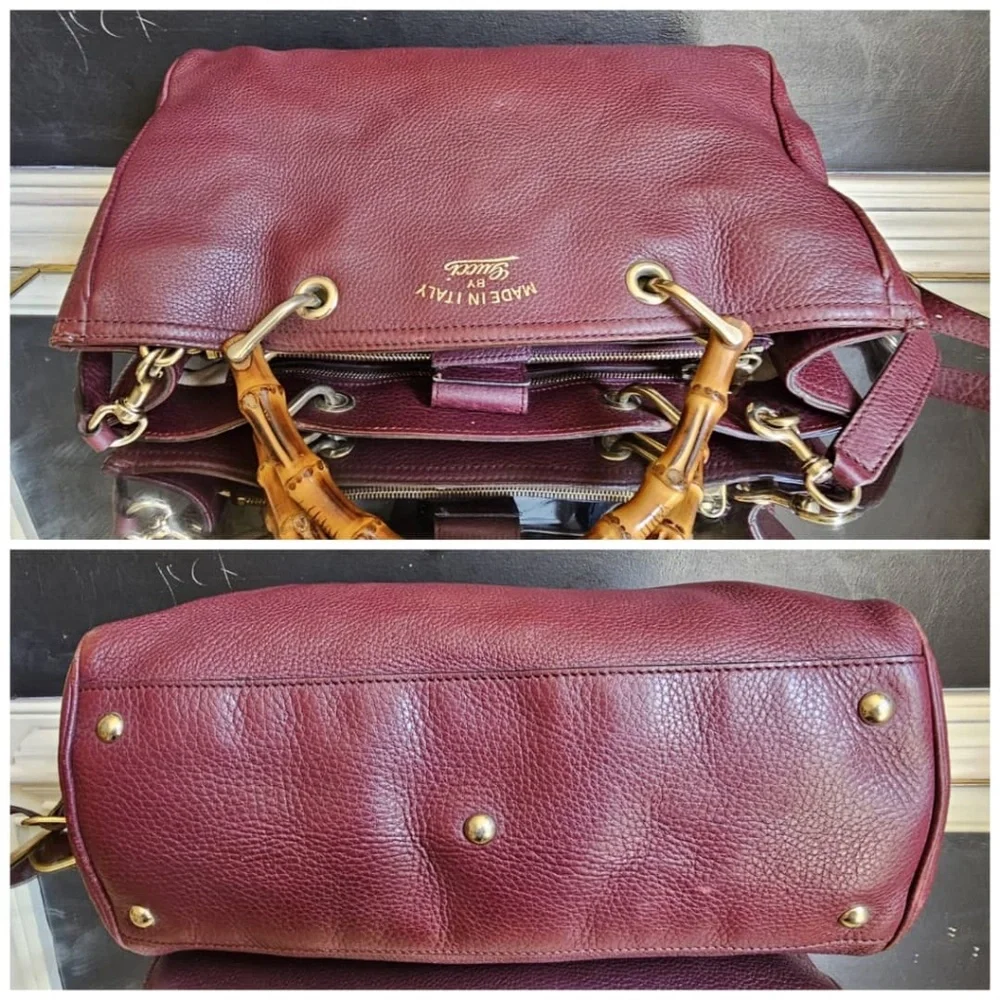 Authentic Gucci Bamboo Shopper Leather Satchel Bag Burgundy